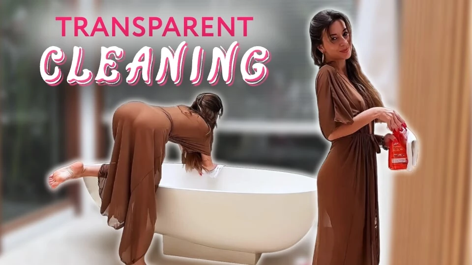 Cleaning Bathroom with Sexy Brunette in Transparent Robe without Underwear ✨ Amy Haze