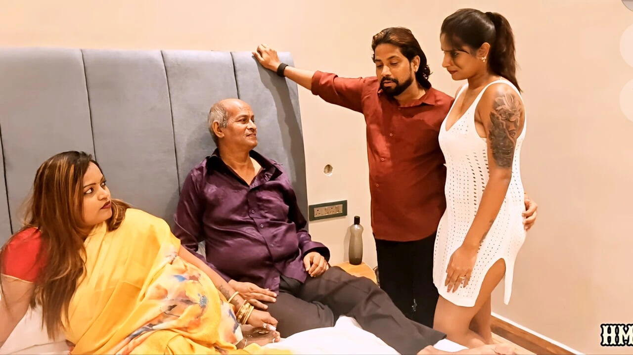 Old Father in law and step son hardcore sex with her step daughter Tejaswini bhabhi thresome and foursome gangbang video